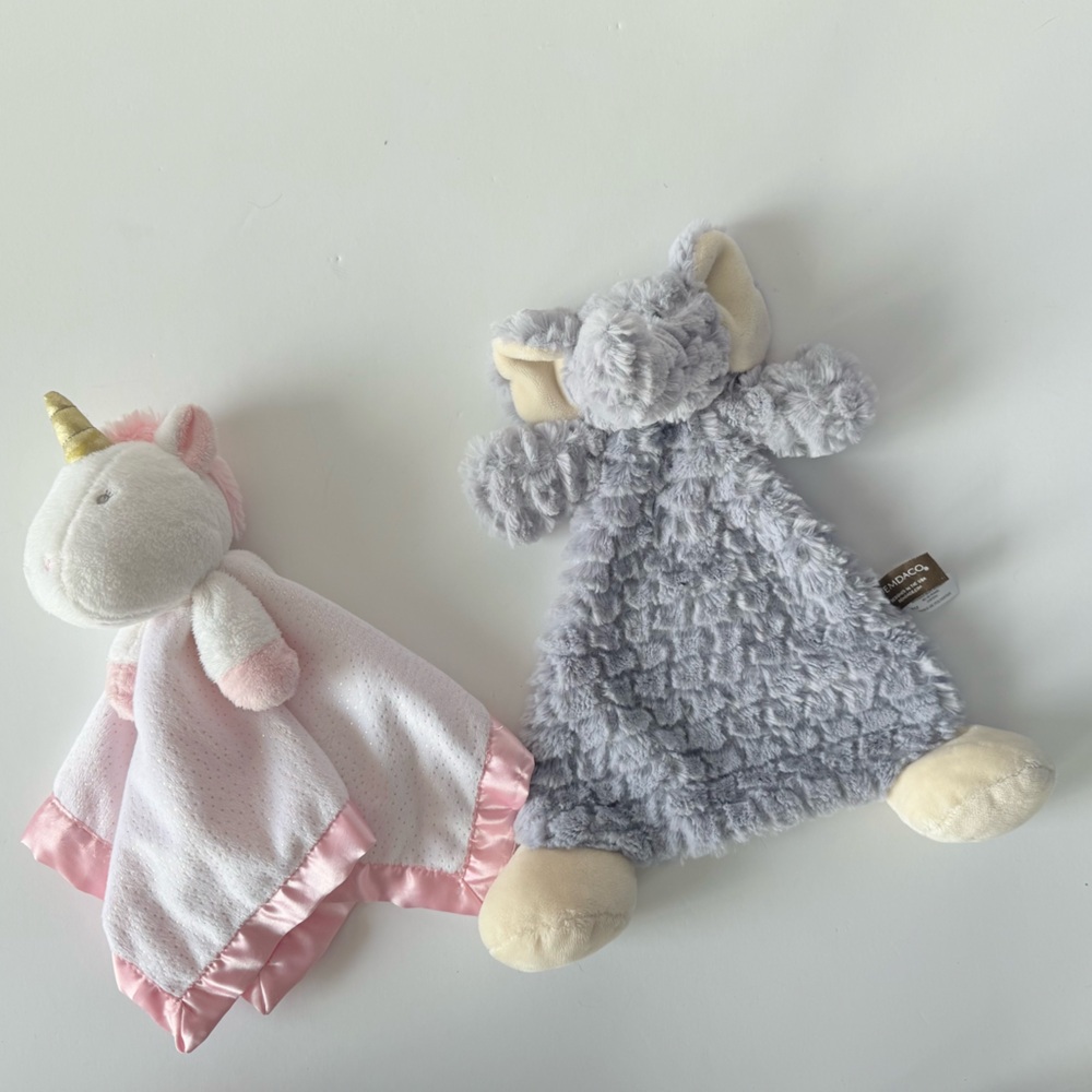 Cloud Island Unicorn + Demdaco Elephant Lovey Rattle Plush Security Blankets